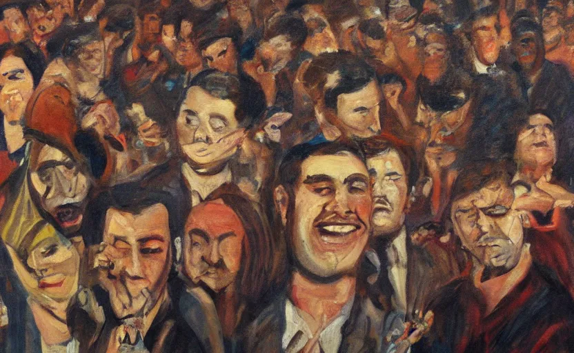 Image similar to a painting of a man with eyes wide open surrounded by people with their eyes completely closed. there are also crt television drones flying around