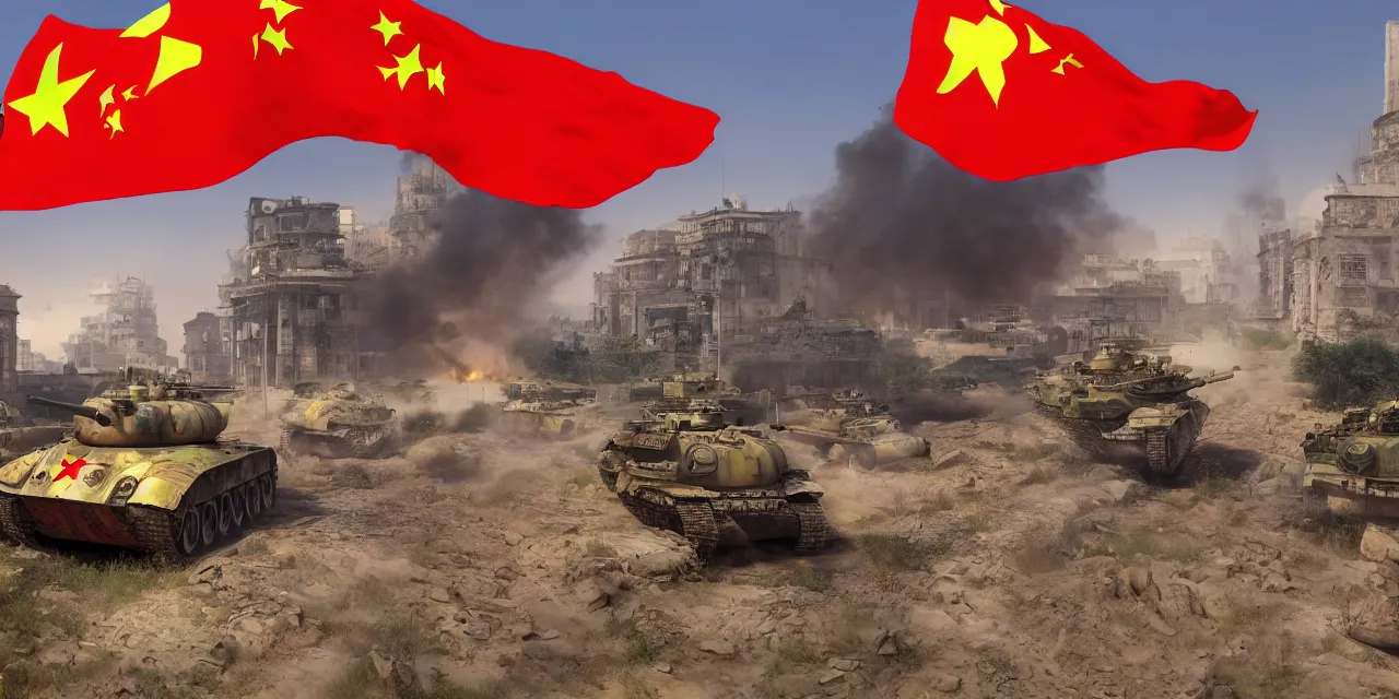 Image similar to tanks burning city, army, china, winnie the pooh, communist flag, volumetric lighting, unreal engine, realistic