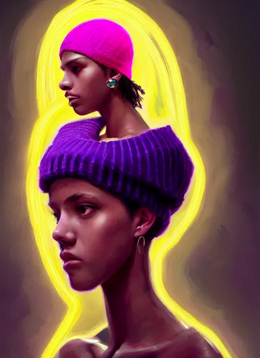 Image similar to portrait of teenage vanessa morgan with bright pink hair, black girl, curly pixie cut hair, wearing a purple breton cap, breton cap, hoop earrings, intricate, elegant, glowing lights, highly detailed, digital painting, artstation, concept art, smooth, sharp focus, illustration, art by wlop, mars ravelo and greg rutkowski