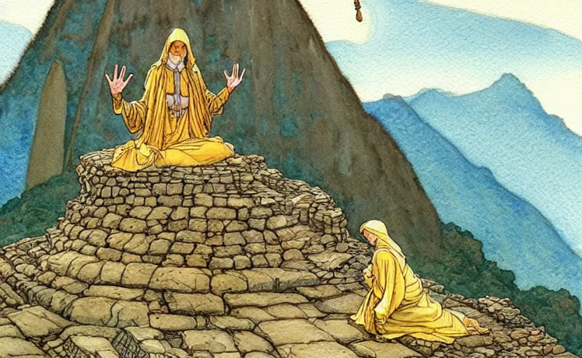 Prompt: a realistic and atmospheric watercolour fantasy concept art of a golden ufo landing on top of a machu pichu. female medieval monk in grey robes kneeling with her hands by her sides. by rebecca guay, michael kaluta, charles vess and jean moebius giraud