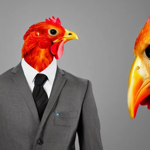 Image similar to a high quality photo of a chicken wearing a suit, 8k, Greg Rutkowsky