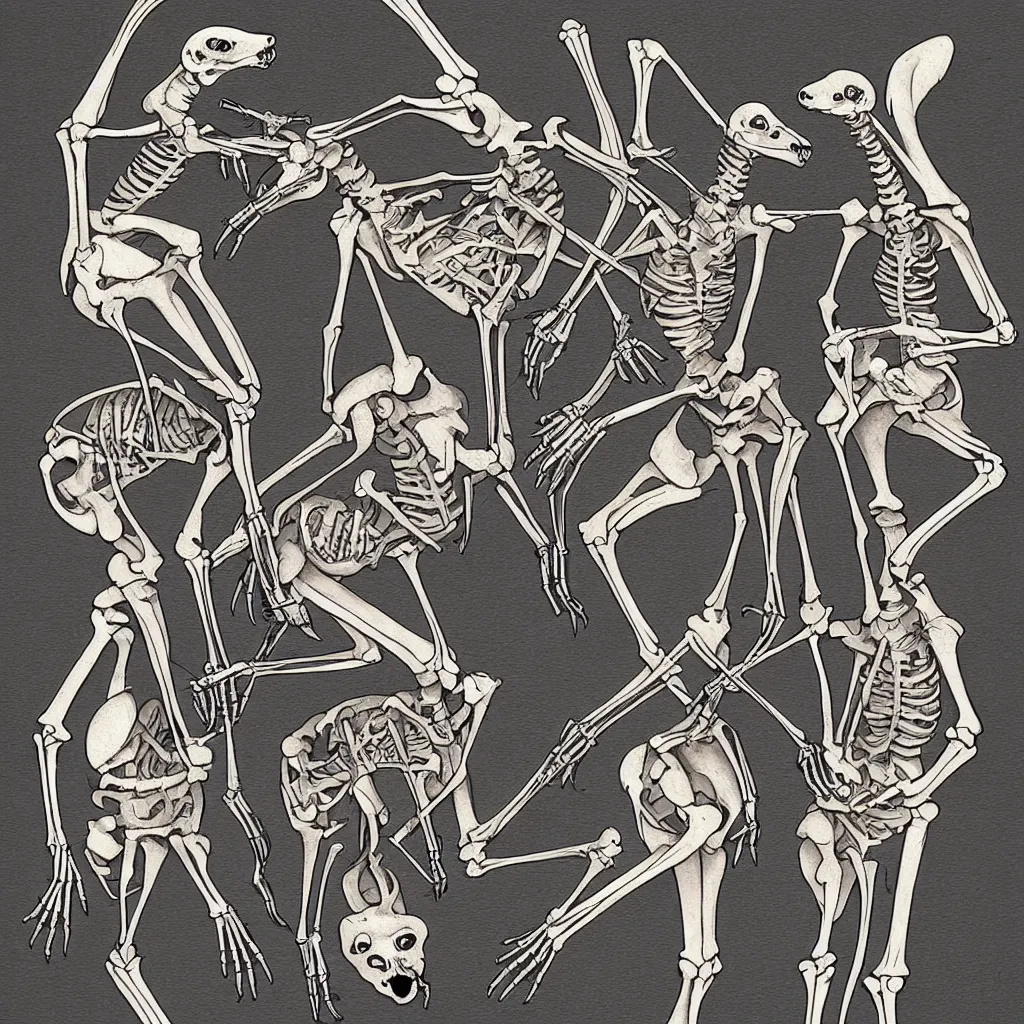 Prompt: two kangaroo skeletons fighting each other, super detailed, symmetrical, t-shirt design