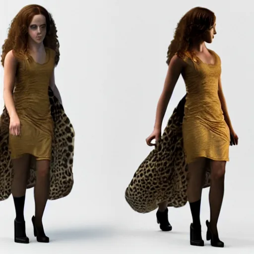 Image similar to emma watson as hermione granger transforming into a curvaceous cheetah woman, 3 d render