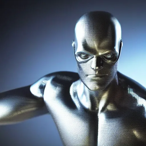 Prompt: still photo of silver surfer on his board, highly detailed, photorealistic portrait, bright studio setting, studio lighting, crisp quality and light reflections, unreal engine 5 quality render