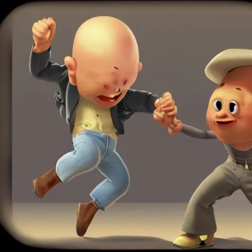 Prompt: bald man slapping another man in a hat in the face. Well composed, detailed, pixar concept art by Mike Altman and Pozuka Demisu