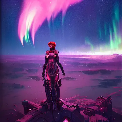 Image similar to an epic grim hyperdetailed 3 d matte painting of a female cyberpunk cyborg sorceress on a distant sci - fi planet under dramatic aurora borealis by peter mohrbacher by dan mumford by jakub rozalski by yoji shinkawa