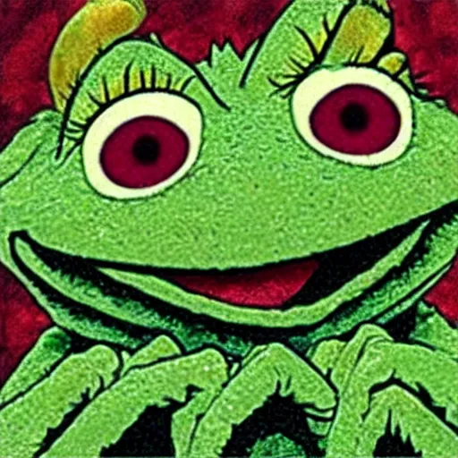 Image similar to “Kermit the Frog in The Enigma of Amigara Fault by Junji Ito”