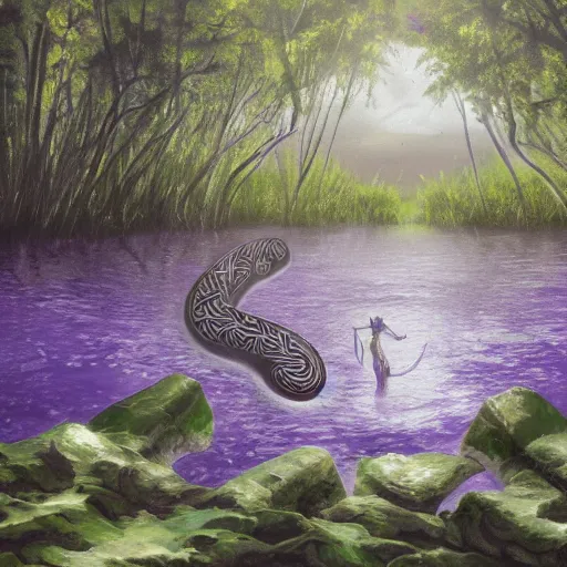 Image similar to a purple head of a serpent with big white eyes, sticking above the water in the mangroves, marshes, trending on artstation, 4 k, video game art, oil painting