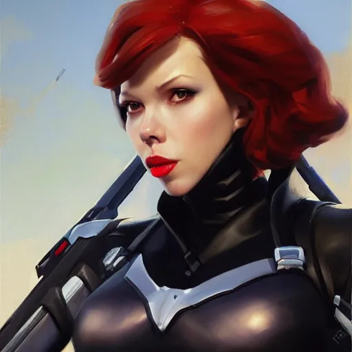 Image similar to greg manchess portrait painting of black widow as overwatch character, medium shot, asymmetrical, profile picture, organic painting, sunny day, matte painting, bold shapes, hard edges, street art, trending on artstation, by huang guangjian and gil elvgren and sachin teng