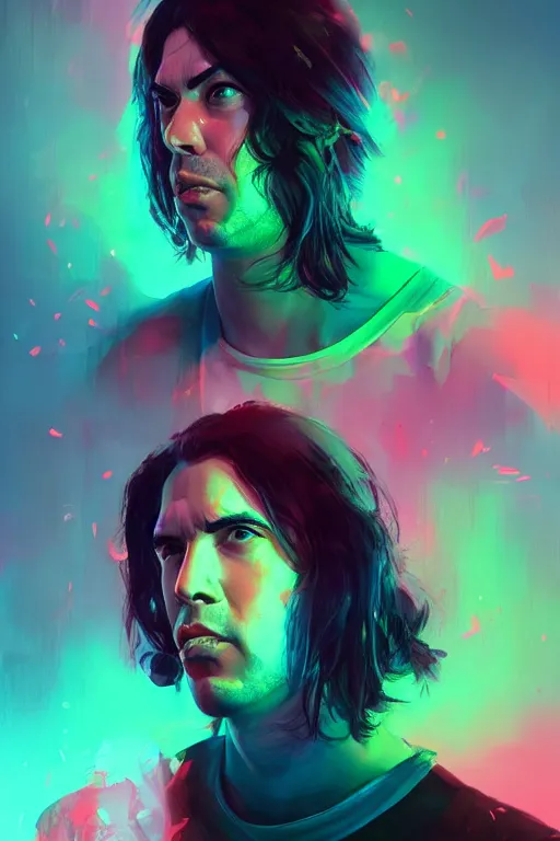 Image similar to portrait of andrew wk, busted nose, party hard in neon, charlie bowater, artgerm, ilya kuvshinov, krenz cushart, ruan jia, realism, ultra detailed, 8 k resolution