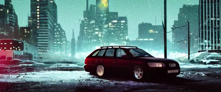Prompt: Audi A4 B6 Avant (2002), a gritty neo-noir, dramatic bright lighting, cinematic, establishing shot, extremely high detail, photorealistic, cinematic lighting, artstation, by simon stalenhag, Max Payne (PC) (2001) winter new york at night