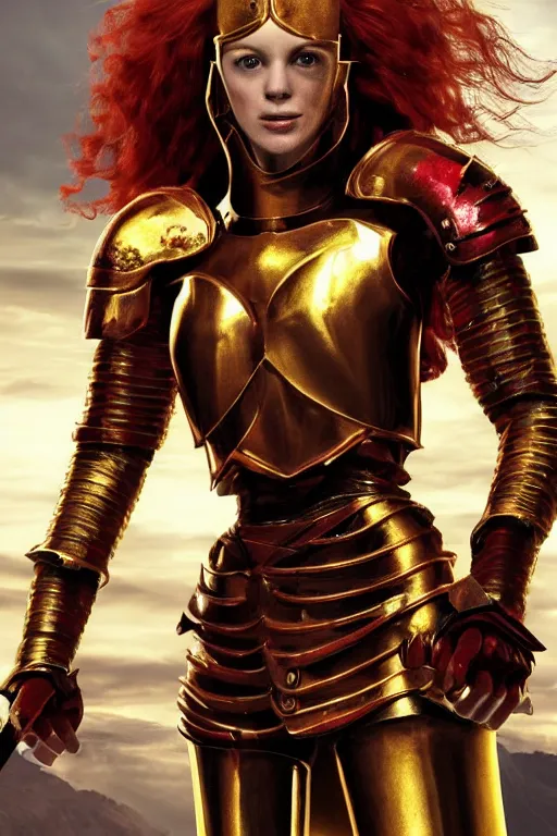 Image similar to a tall, red - haired female knight wearing golden armor and a right golden prosthetic arm, longer than her left arm. she wields a long golden blade