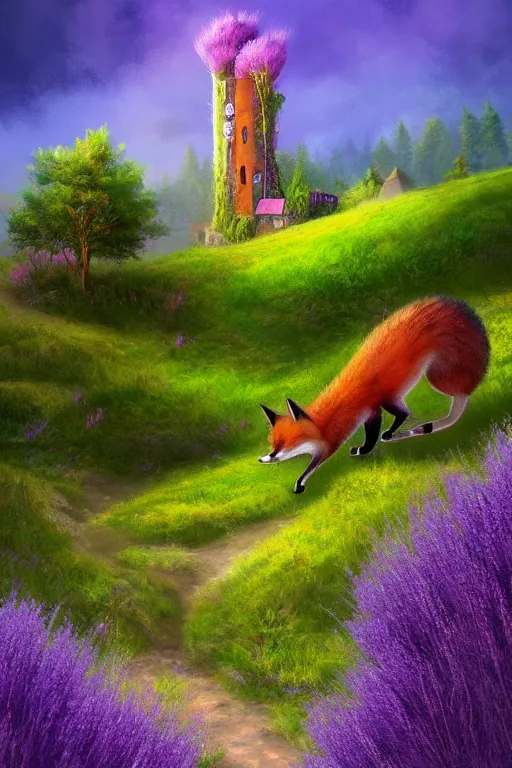 Prompt: beautiful digital matter cinematic painting of whimsical tall house, fox, green hills with lavender heather bushes, whimsical scene bygreg rutkowki artstation