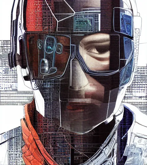 Image similar to a cyberpunk man with multiple digital patchwork faces, techwear, Industrial Scifi, detailed illustration, character portrait, by Martin Grip and Moebius