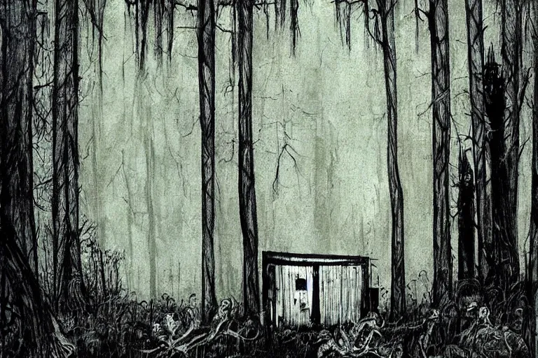 Image similar to mad horror painting of a cabine in the woods by ben templesmith