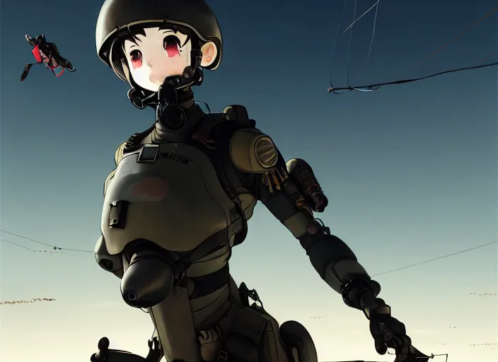 Image similar to portrait of pilot girl parachuting behind enemy lines, black sky background, chaotic landscape, illustration concept art anime key visual trending pixiv fanbox by wlop and greg rutkowski and makoto shinkai and studio ghibli and kyoto animation, kaki body suit, wires, odst, oxygen mask, military gear, grimdark, volumetric lighting