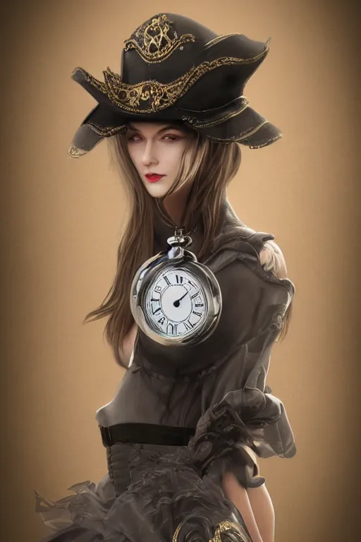 Image similar to a timekeeper with a pocket watch face. silk hat, full body, dark fantasy, concept art, gothic, intricate, ornate, ultra realistic, octane render