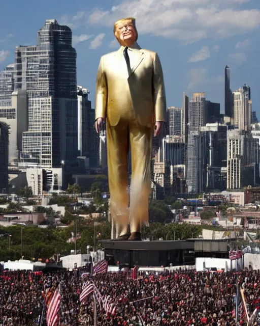Prompt: a gigantic 1 0 0 0 foot tall bronze statue of a president donald trump, thousands of tiny onlookers, photorealistic, atmospheric