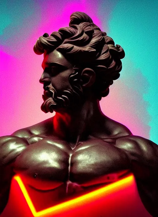 Prompt: statue of hercules looking angry, beeple, vaporwave, retrowave, black background, neon wiring, black, glitch, strong contrast, pinterest, trending on artstation