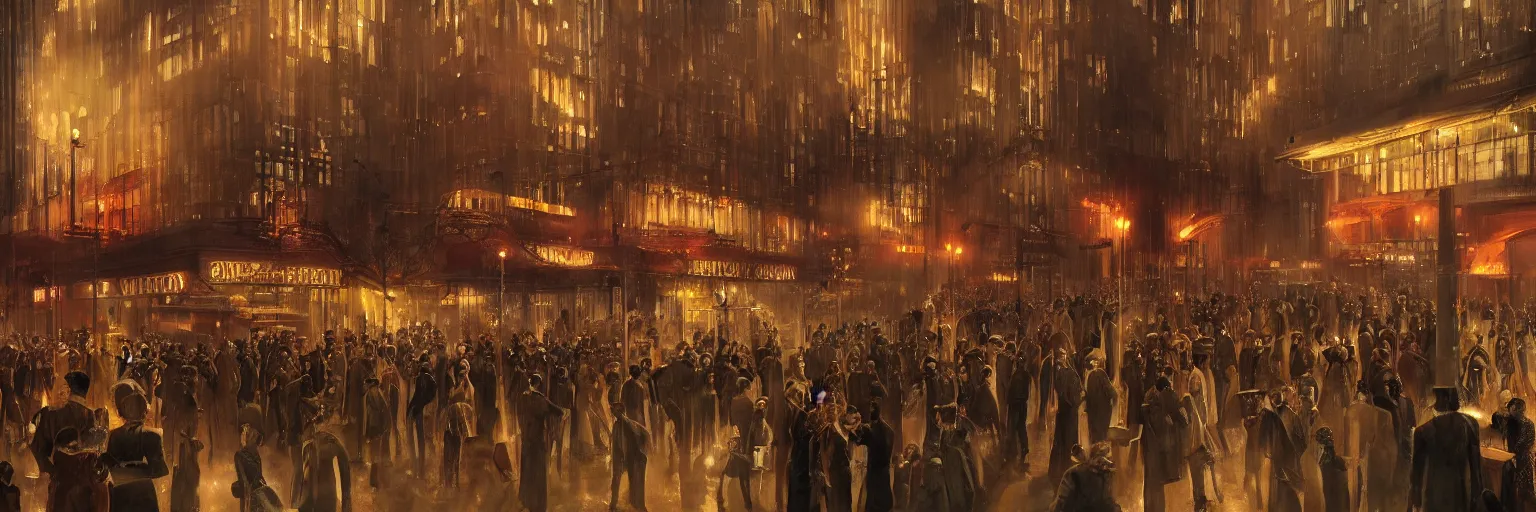 Image similar to Babylon Berlin. Night. Crowded Art deco restaurant. Berlin, late golden 1920s. Gropius. Metropolis. Mist. Highly detailed. Hyper-realistic. Cheerful. Merry mood. Warm colors. Dynamic composition. Matte painting in the style of Eddie Mendoza, Greg Rutkowski