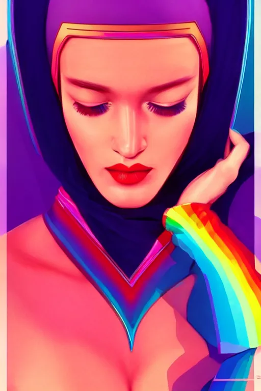 Image similar to 🧕🏽🌈, 8 0 s art deco, artstation, moebius + artgerm, hd,