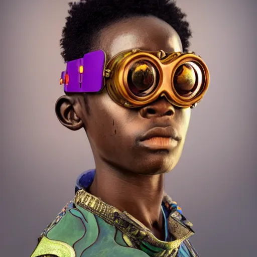 Image similar to colourful vfx upper half - 3 d portrait - art of a nigerian boy wearing steam punk goggles, art by utagawa kunisada, james jean & alphonse mucha, symmetrical, intricate detail, concept art, volumetric light, ray tracing, caricature, digital illustration, octane 3 d render, unreal engine, sharp, pinterest, behance, art station,