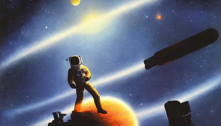 Prompt: silhouette of an astronaut against the light of a massive dying star, wide shot, outer space, night sky, high contrast, highly detailed, natural volumetric lighting, 70s retro scifi art, art by jim burns and bruce pennington