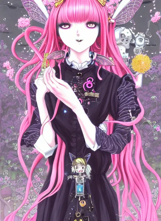 Image similar to dark fantastic manga beautiful cat girl witch aside a robot, pink hair, rococo dress, symmetrical face, cute, fairy, by mai yoneyama, takeshi obata, katsuhiro otomo, detailed background, illustration, artstation, concept art, highly detailed, colorful, maximalist