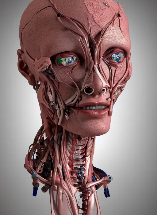 Image similar to a bust sculpture of anatomical female detailed cyborg, veins, ceramic base, orthographic, studio lighting