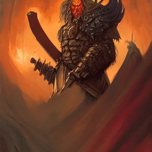 Image similar to head and shoulders portrait of a helmed fire giant with a giant sword, d & d, fantasy, greg rutkowski, frank frazetta, alexandre chaudret, boris vallejo, michael whelan, miro petrov, hr giger, magali villeneuve, donato giancola