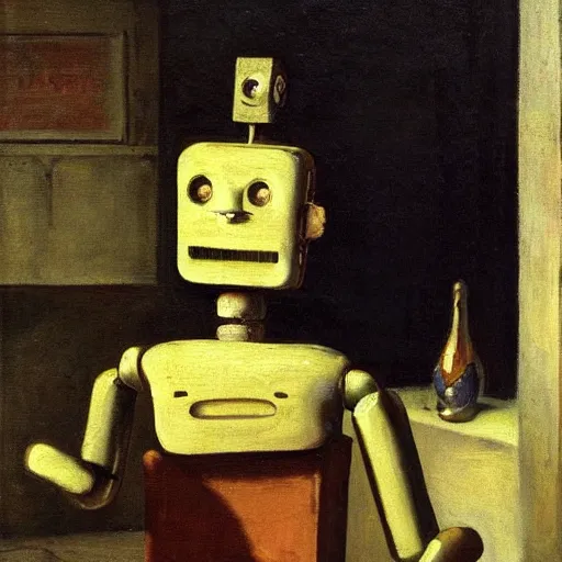 Prompt: android poete maudite, starving robot artist in a parisian garret, baudelaire, nineteenth - century domestic realism, oil on canvas