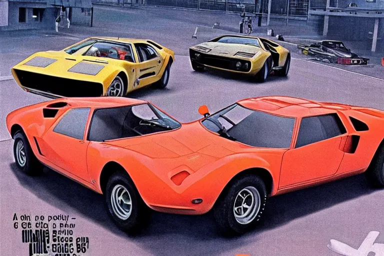 Prompt: 1969 Popular Science Magazine Cover of a single 1965 De Tomaso Pantera, with elements of the F40, Lotus, BMW M1, GT40 and Countach, city in cyberpunk style by Vincent Di Fate, vintage race footage, movie still, speed, cinematic Eastman 5384 film