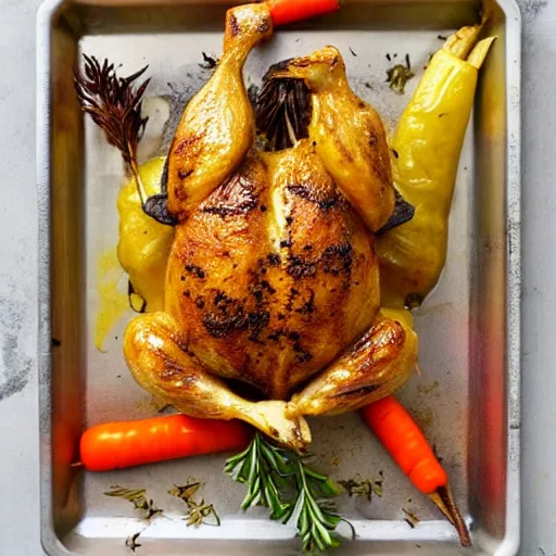 Prompt: roasted pikachu chicken in a baking tray with rosemary and thyme, carrots and parsnips, cooking oil, ready to eat