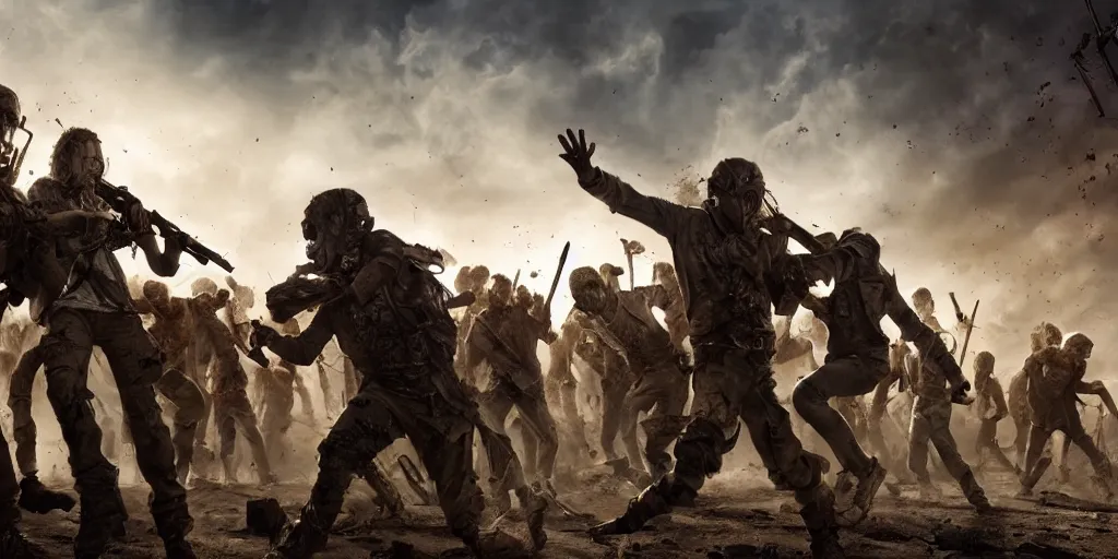 Image similar to epic battle scene humans versus zombies, post apocalyptic, humanities last stand post human, Epic Background, highly detailed, sharp focus, 8k, 35mm, cinematic lighting