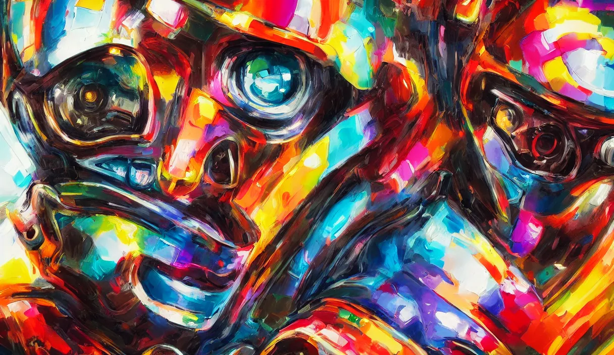 Image similar to colourful cinematic bust portrait of an artist robot painting an artwork on a canvas with a brush, paint and color, robotic enhancements, desaturated, oil on canvas, masterpiece, trending on artstation, featured on pixiv, cinematic composition, dramatic pose, beautiful lighting, sharp, details, hyper-detailed, HD, HDR, 4K, 8K