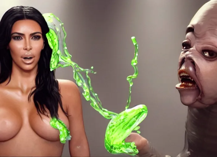 Image similar to film still of kim kardashian ingesting alien slime from the mouth of an xenomorph, transparent goo, transparent slime, saliva, 8 k