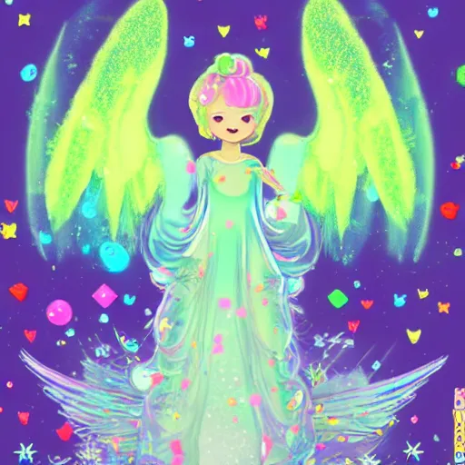 Image similar to angel in disguise, slimy slime drenched skinny divine holy androgynous being of glitter glue, pastel cute slime, 3 d polygon ui of neon ornamental rococo frames, maximalist decora sanrio pixiv pixar concept art