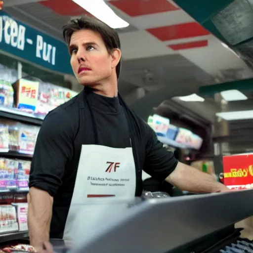 Prompt: Tom Cruise working as a 7/11 cashier, macro, detailed, beautiful lighting