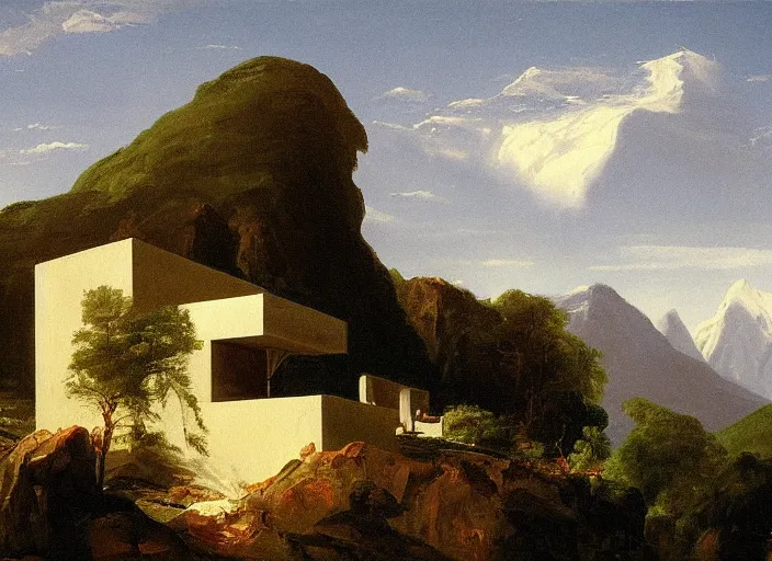 Image similar to painting of a corbusier house in in front of beautiful mountains by thomas cole