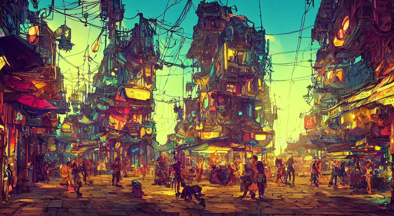 Prompt: bazaar zouk oriantal full color sky shine place mosquet painting stylized digital illustration video game icon global illumination ray tracing that looks like it is from borderlands and by feng zhu and loish and laurie greasley, victo ngai, andreas rocha, john harris