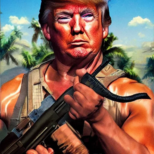 Prompt: trump as rambo, movie poster, digital art, drew struzan