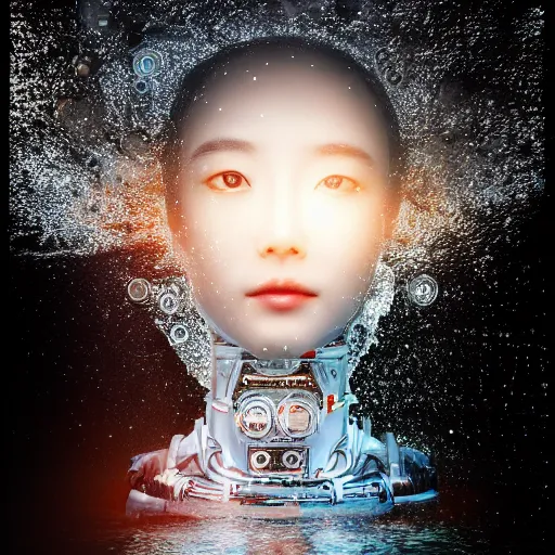 Image similar to beautiful centered Fine art photo of HoYeon Jung as a robot, half body in water, solarpunk mechanical parts with led lights, real human face, photorealistic, white background, highly detailed and intricate, sunset lighting, HDR 8k