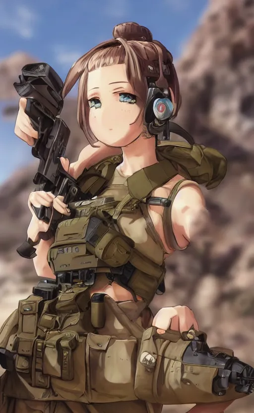 Prompt: portrait of a female soldier, highly detailed, high resolution, desert in the background, anime style, stunning, girls frontline style, bokeh soft, 3d rendering, guilty gear strive graphics, 100mm, trending on instagram, by 3d artist, realistic human anatomy, realistic military carrier, modern warfare, realistic weapon, shot with a arriflex 35 ii, low saturation, small eyes