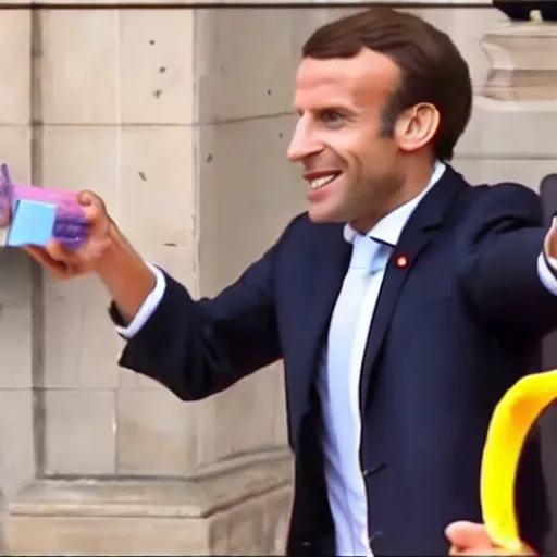 Image similar to footage of Emmanuel macron robbing a McDonald with a banana