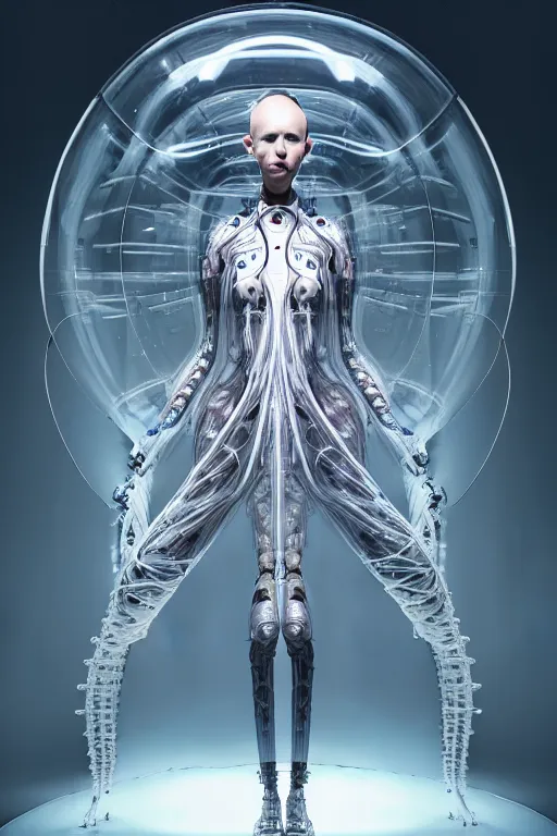 Image similar to background space station, baroque inflateble dress iris van herpen positing on floor, white helmet on face, perfect symmetrical, full body shot, inflateble shapes, wires, tubes, veins, jellyfish, white biomechanical details, wearing epic bionic implants, masterpiece, intricate, biopunk, vogue, highly detailed, artstation, concept art