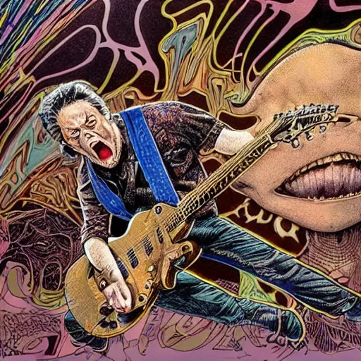 Image similar to A stunning illustration of eddie van halen playing guitar on stage, hyperdetailed mixed media artwork combining the styles of Micheal Kaluta and Geof Darrow, wild power, frantic excitement, emotional release, cathartic headbanging, perfectly symmetrical facial features, 8k, deeply detailed, cinematic lighting