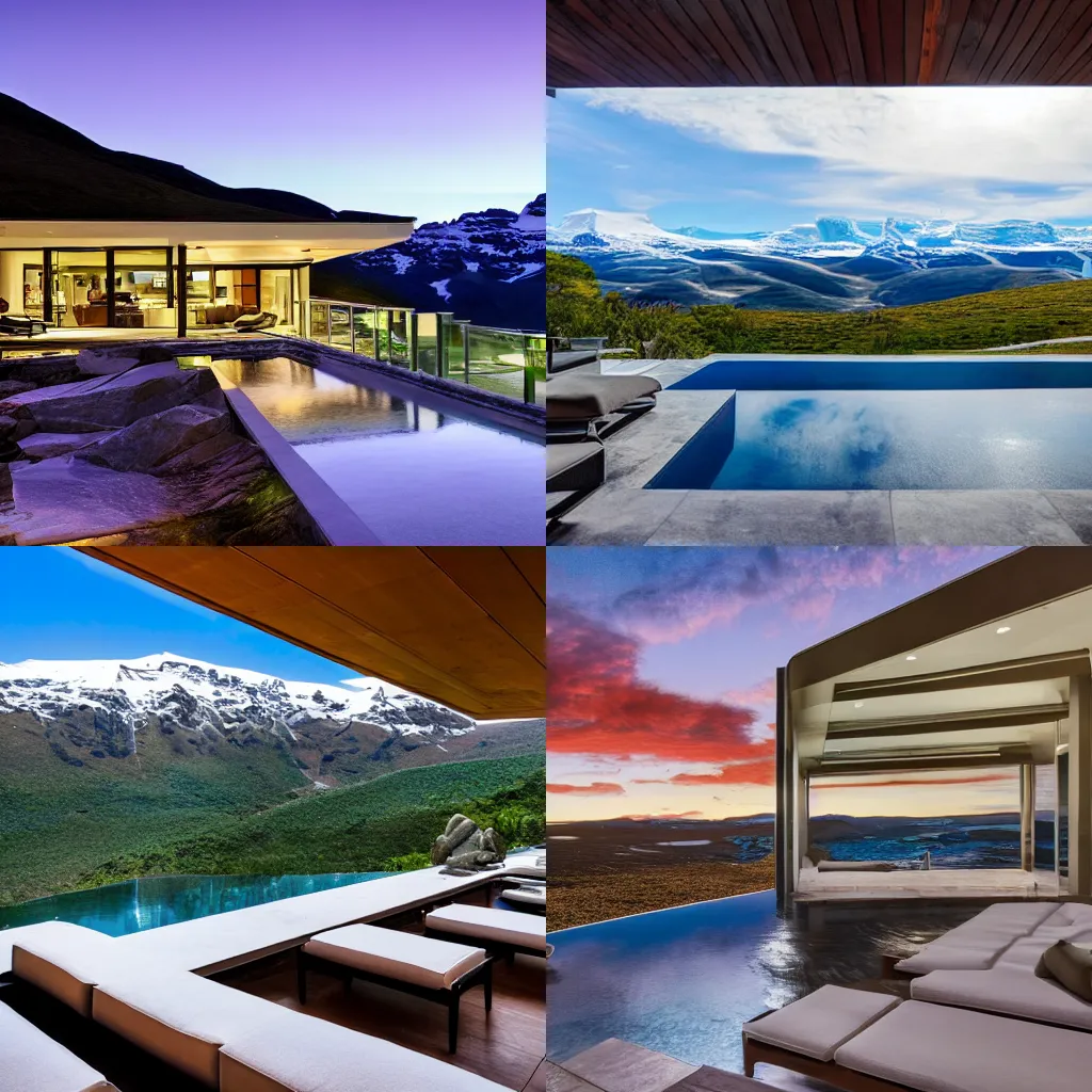 Prompt: Luxury real estate listing, landscape photo of infinity pool overlooking mountains in Antarctica, midcentury modern furniture, award winning photograph
