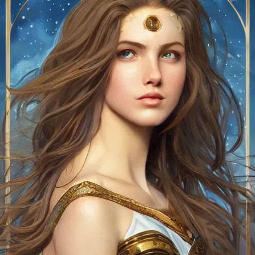 Prompt: beautiful celestial mage, sparkling eyes, stars in her eyes, shining eyes, grinning, elegant, enticing, sharp features, big brown flowing hair, traditional roman armor, highly detailed, digital painting, artstation, concept art, smooth, sharp focus, beautiful face, expressive eyes, illustration, art by Artgerm and greg rutkowski and alphonse mucha