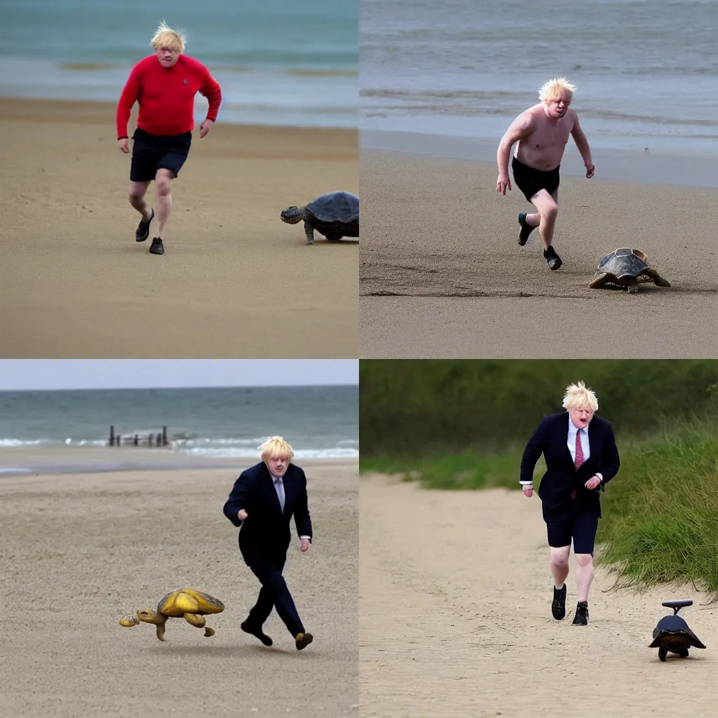 Prompt: Boris Johnson running away from a tortoise on the beach.