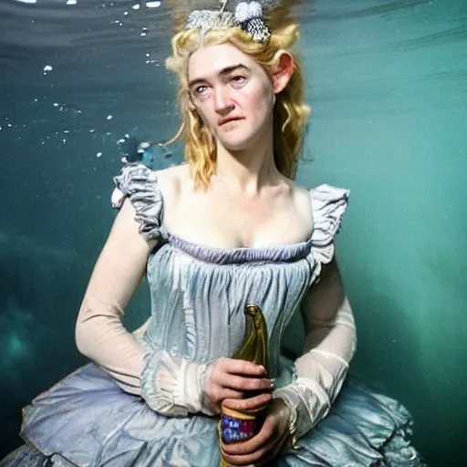 Prompt: A 18th century, messy, silver haired, (((mad))) elf princess (look like ((young Kate Winslet))), dressed in a frilly ((ragged)), wedding dress, is ((drinking a cup of tea)). Everything is underwater and floating. Greenish blue tones, theatrical, underwater lights, digital art by Guillermo del Toro